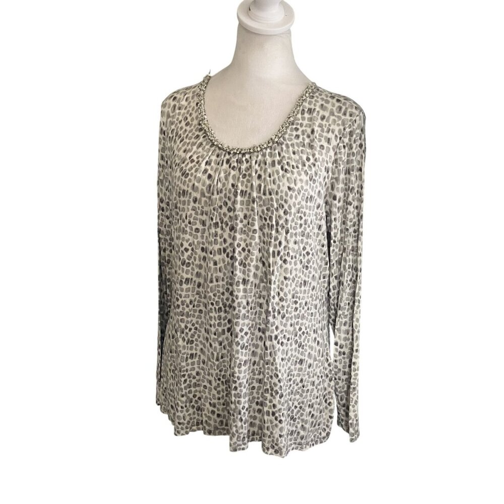 Charter Club XL Beaded Neck Leopard Print Top Womens Long Sleeve Blouse
